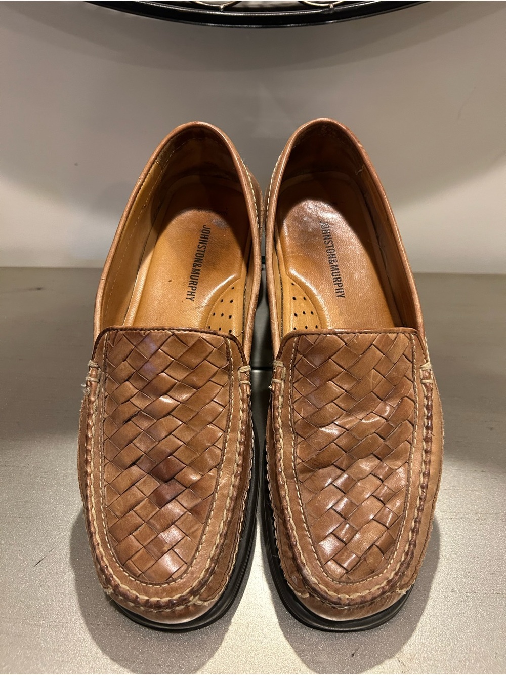 Johnston & Murphy Tan Woven Leather Slip-On Loafers